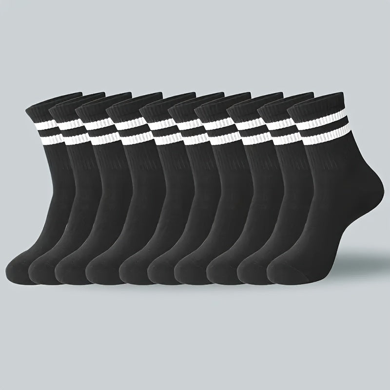 Men and Women Dual-Striped Long Socks Breathable Polyester Knit Black White