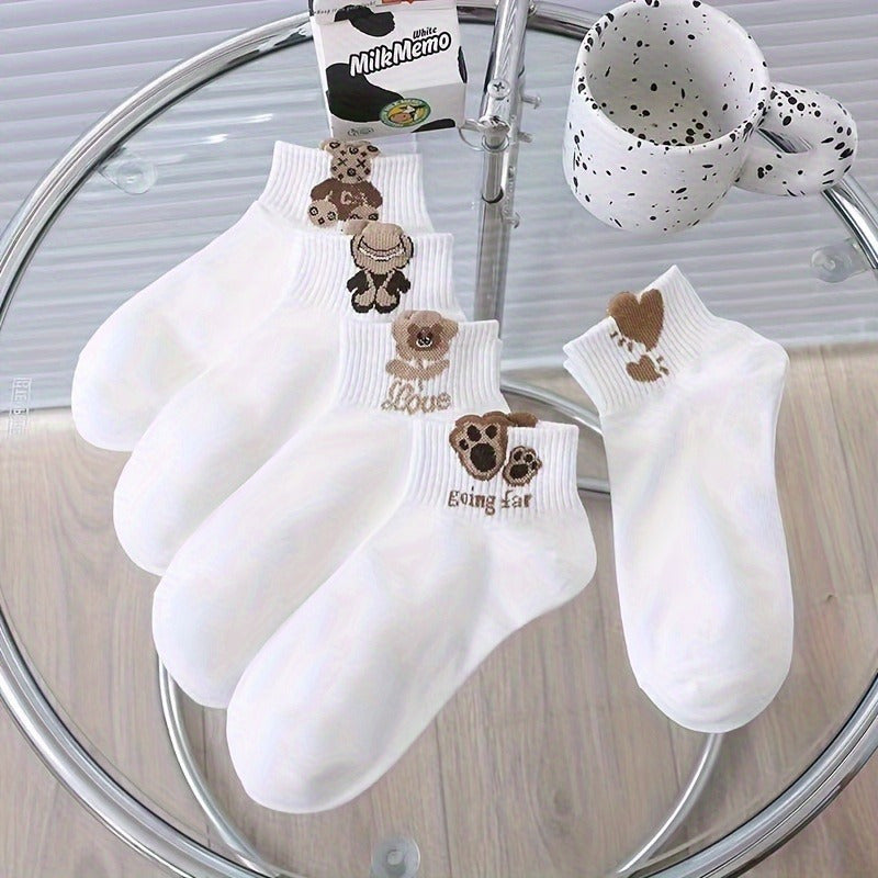 Women's Short Socks 5 Pairs Cartoon Teddy Bear Coffee Breathable Polyester
