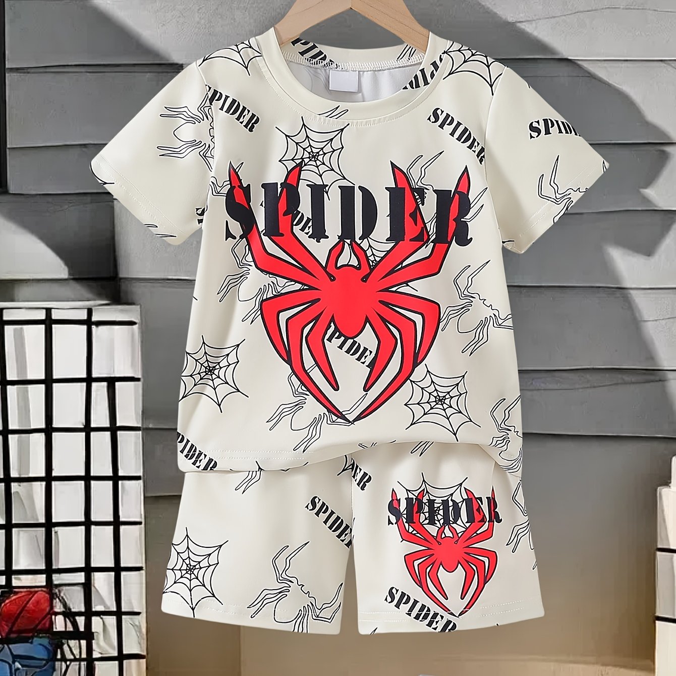 Boys Summer Spider Pattern T-Shirt and Shorts Set 95% Polyester 5% Spandex Kids Outfit