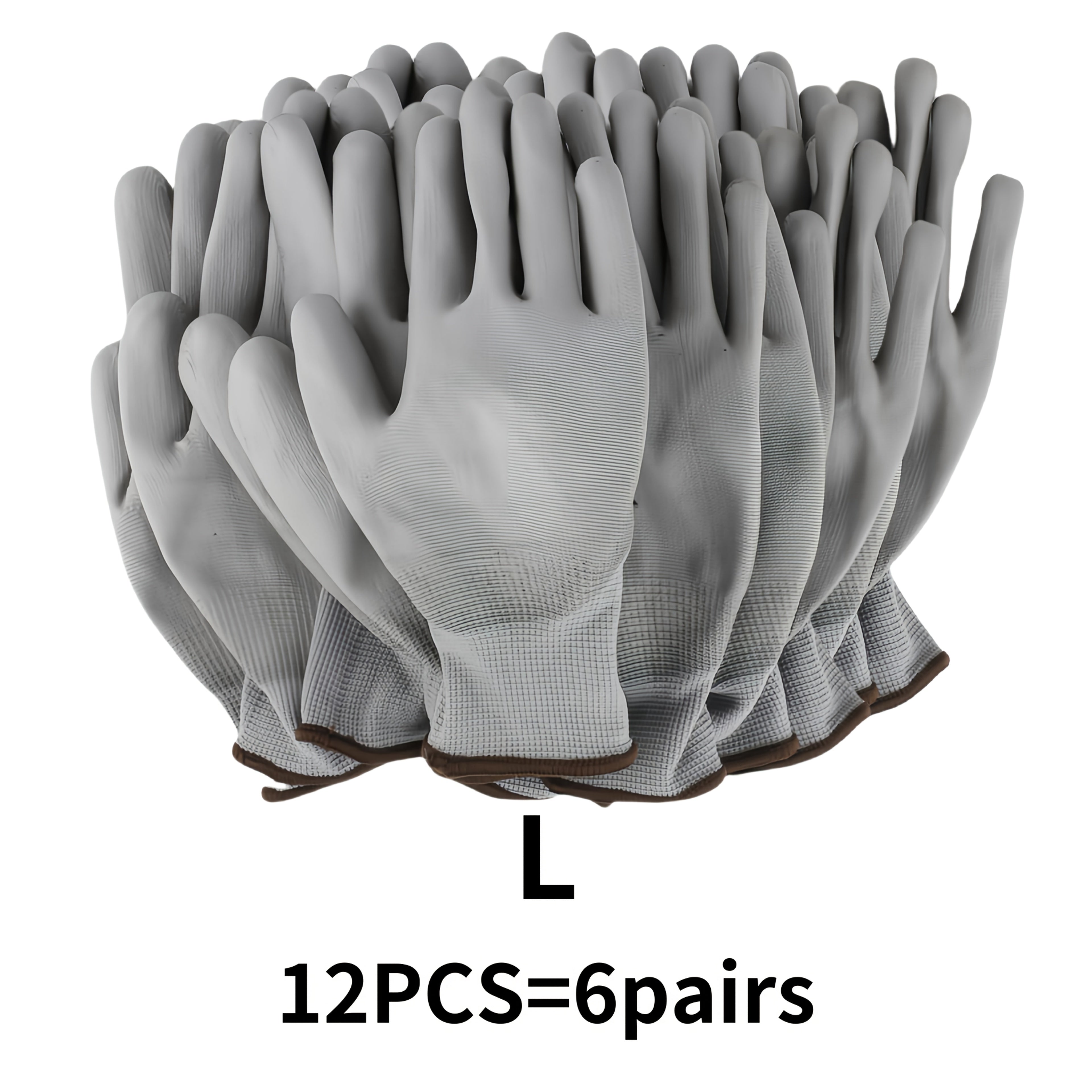 Paquete de 12 guantes de trabajo de poliéster antideslizantes grises para jardinería, construcción, reparación de autos