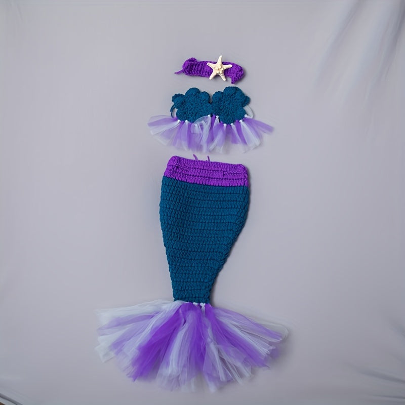 Crochet Mermaid Tail Baby Photography Prop Set for Infants and Toddlers with Adjustable Headband and Starfish Clip