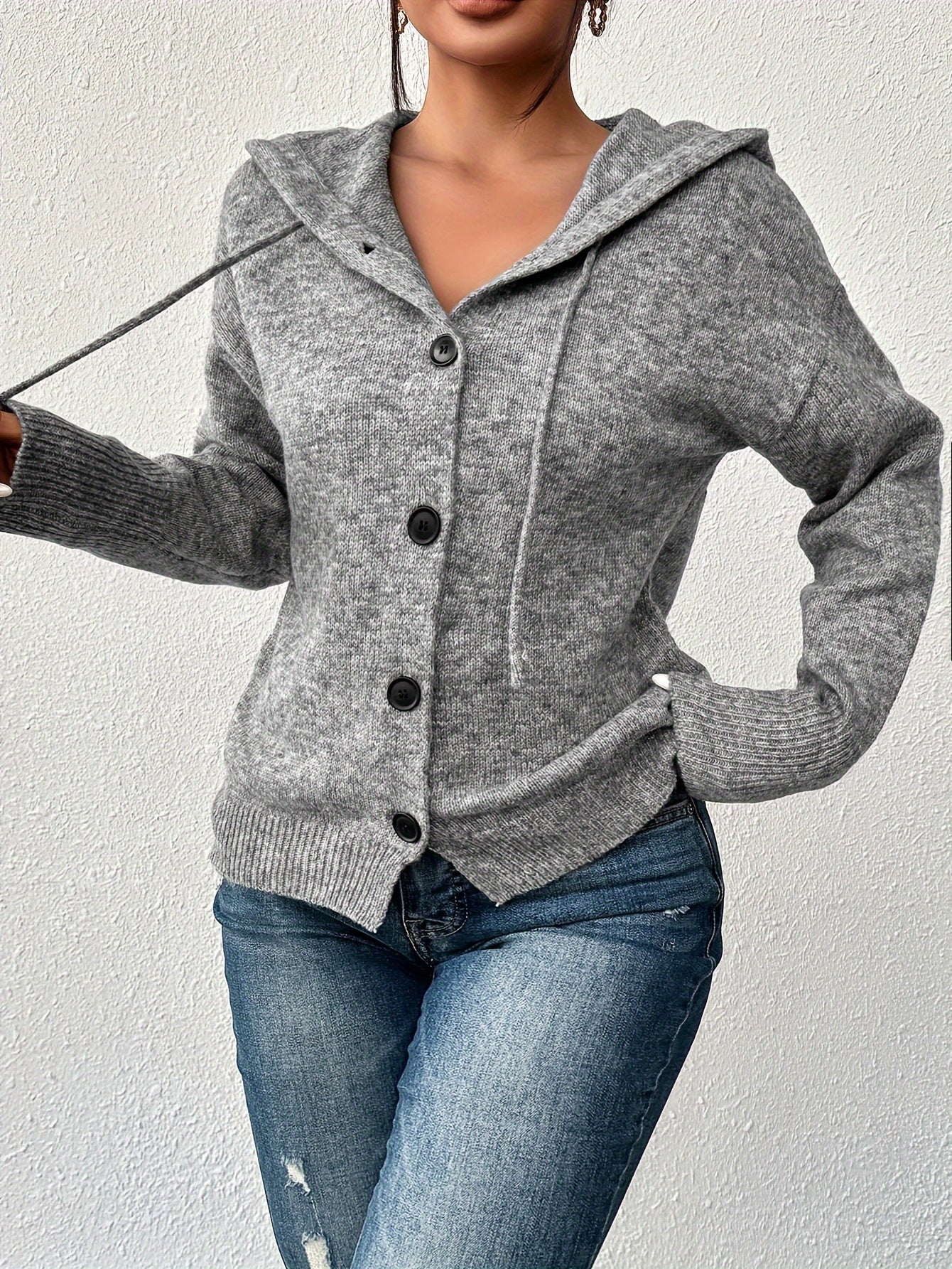 Женский кардиган с капюшоном, однородного цвета, на пуговицах, для полных женщин