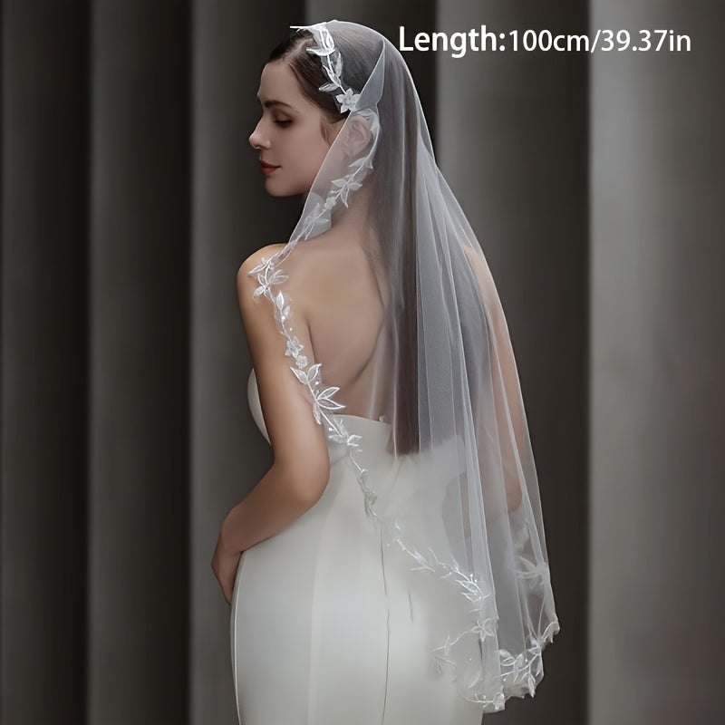 Velo de novia con detalles de encaje francés, accesorio de boda de poliéster