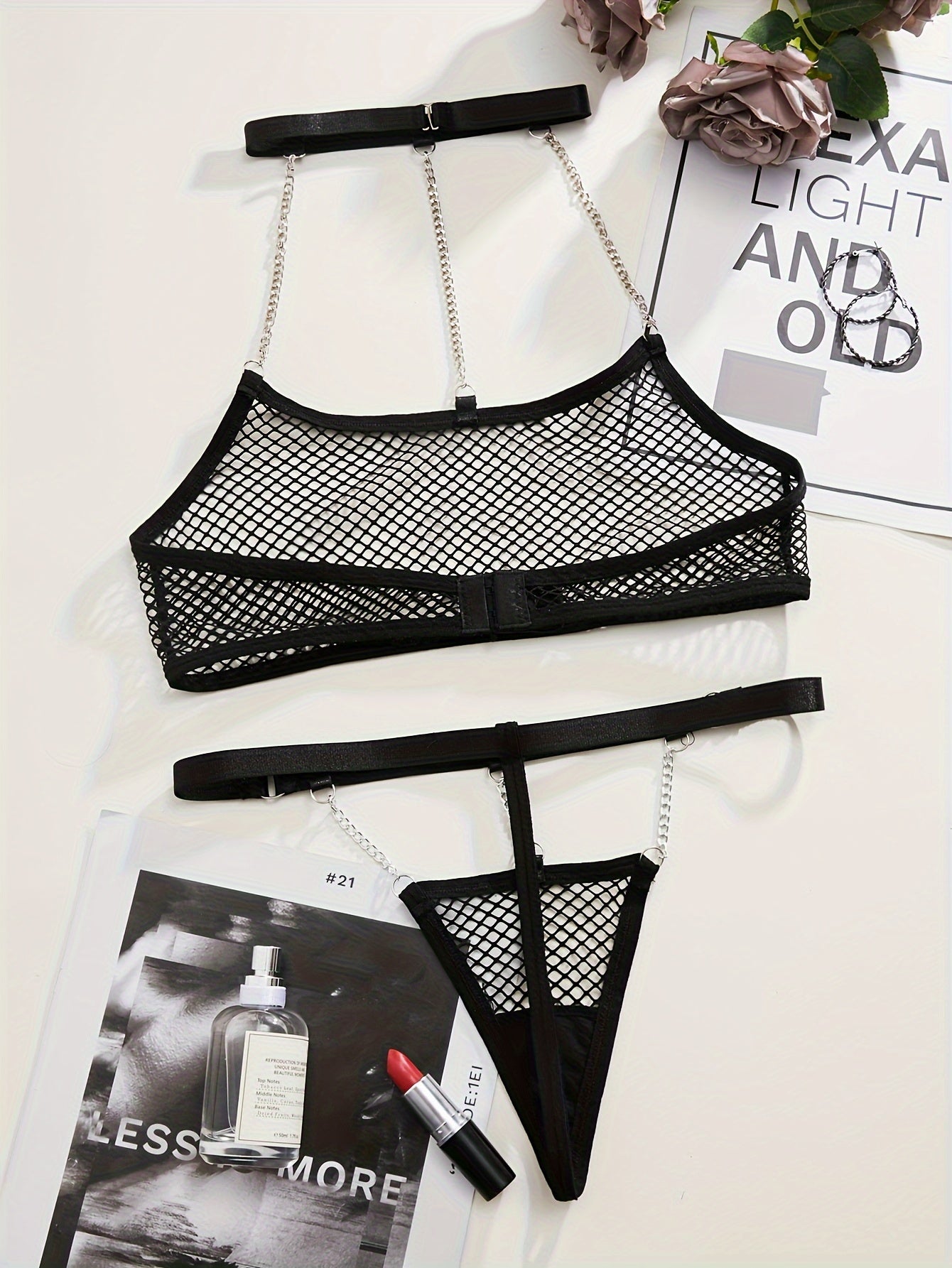 Black Mesh Lingerie Set with Metal Chain Straps for Seductive Nightwear