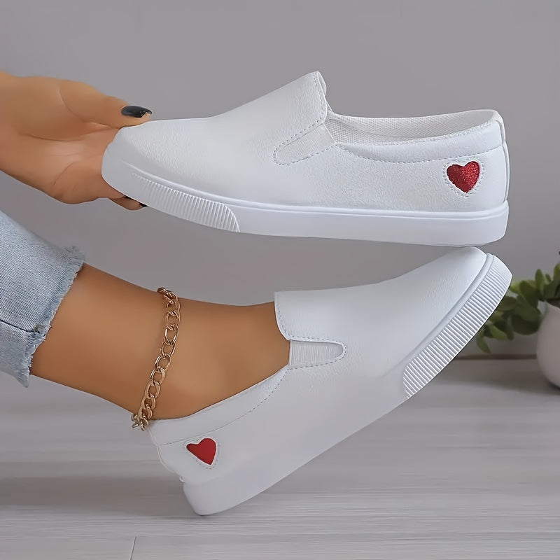Women's White Slip-On Sneakers with Red Heart, Lightweight, All-Season