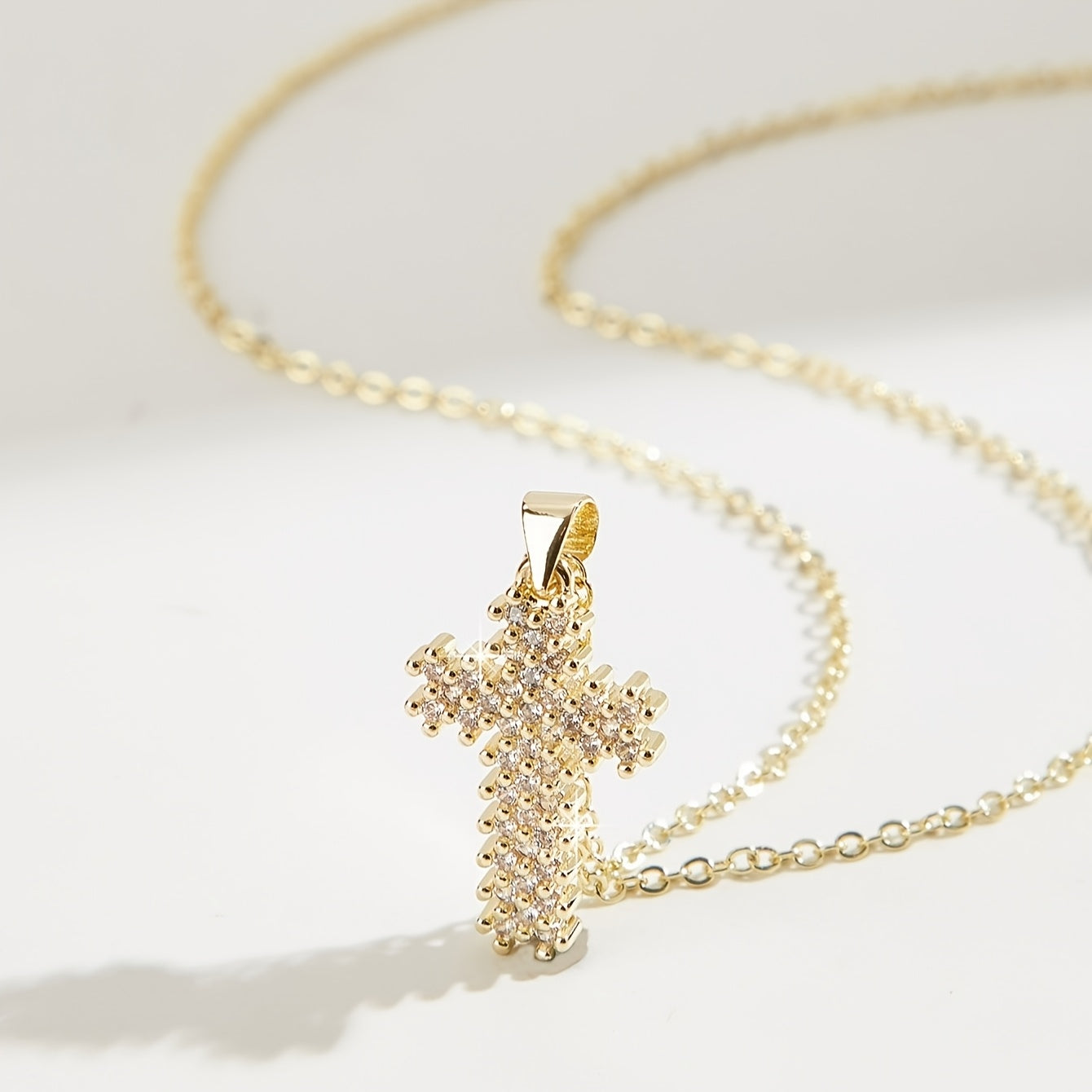 Gold Plated Cross Pendant Necklace with Cubic Zirconia Religious Charm for Women