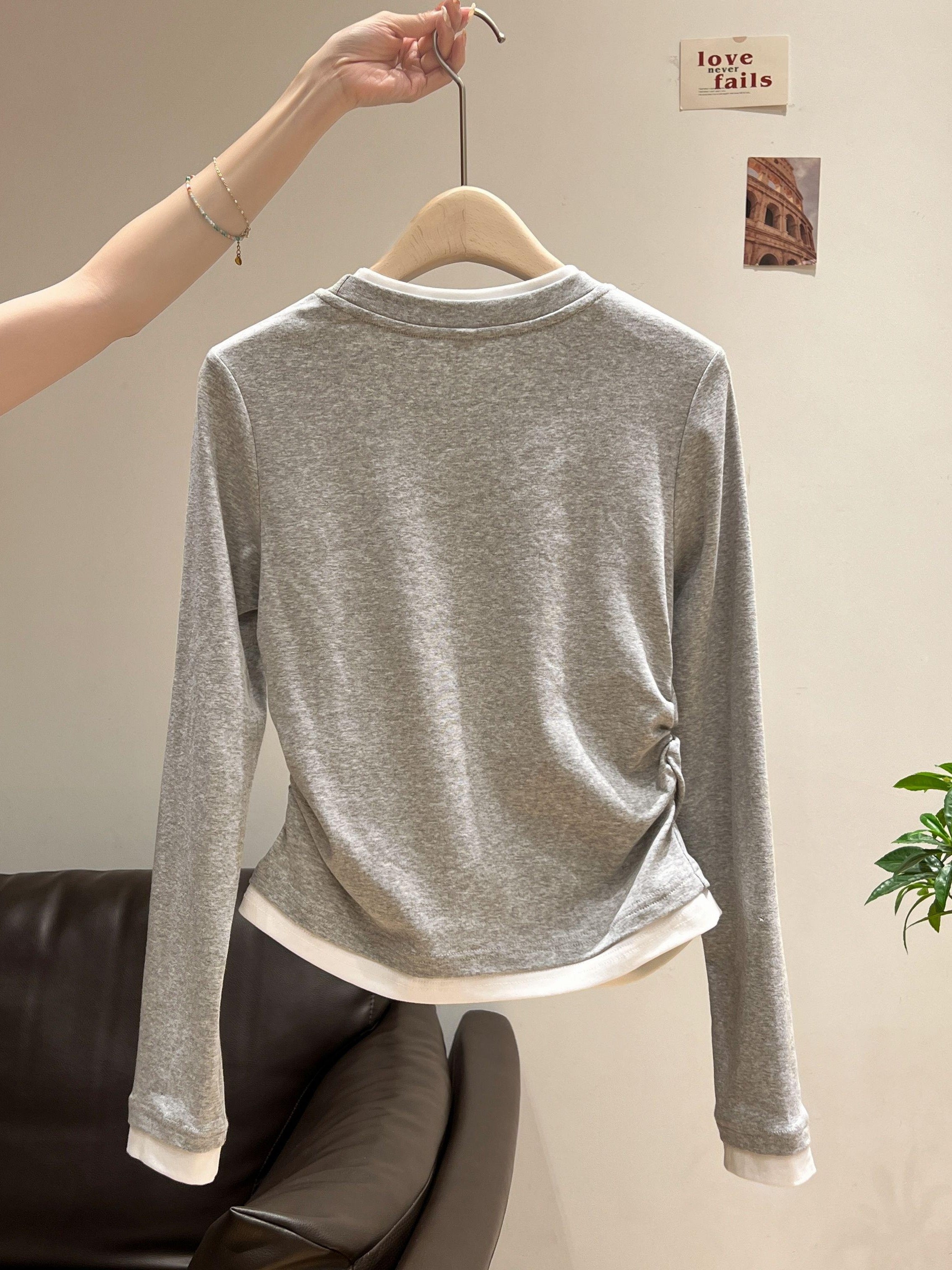 Women's Slim Fit Knit T-Shirt with Contrast Collar and Ruched Detail