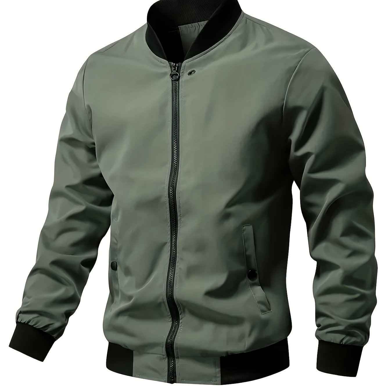 Men's Solid Color Woven Acetate Bomber Jacket with Stand Collar Lightweight Spring Fall Outerwear