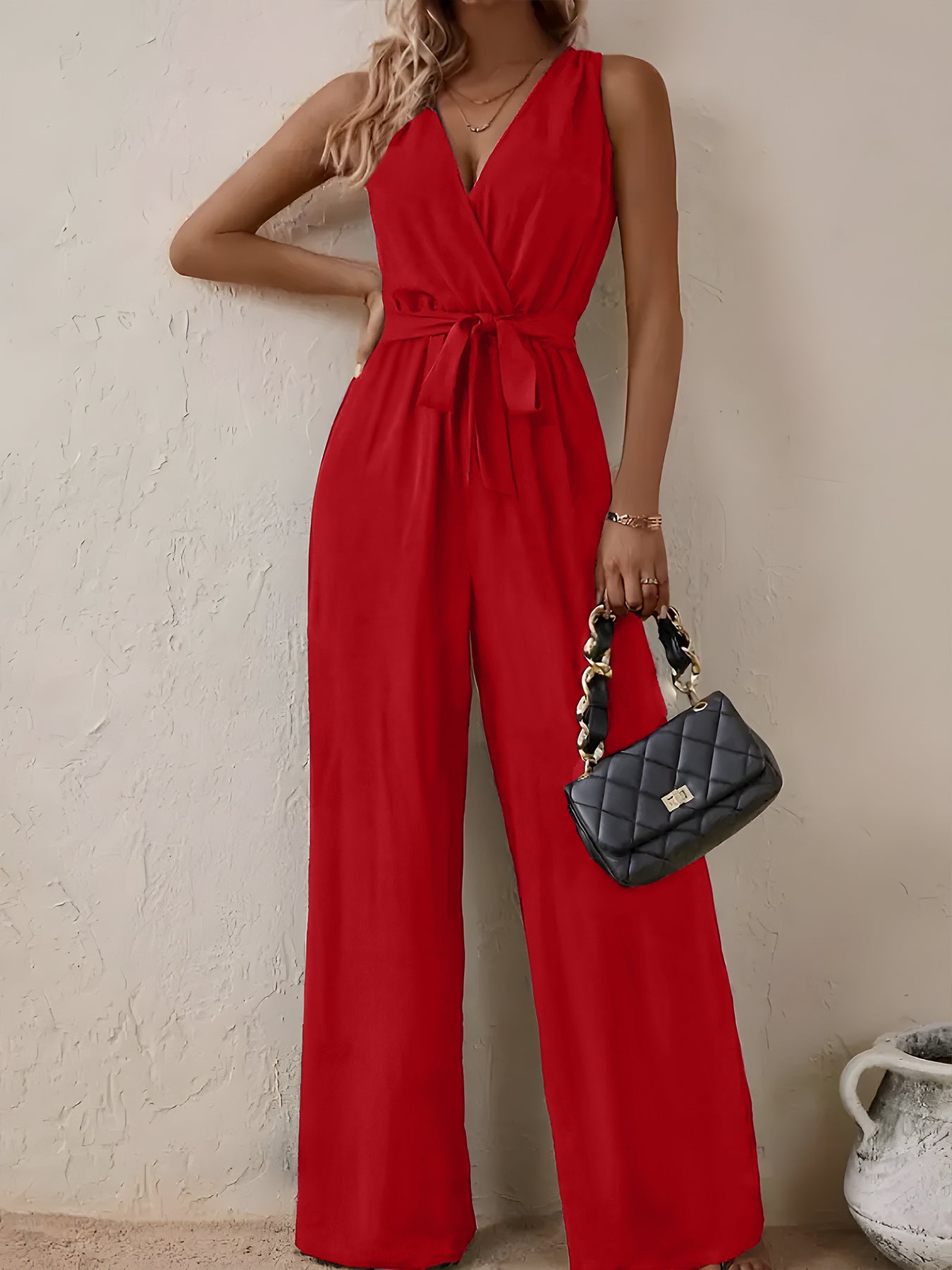 Plus Size Women's V-Neck Sleeveless Jumpsuit with Adjustable Waist Wide-Leg Pants