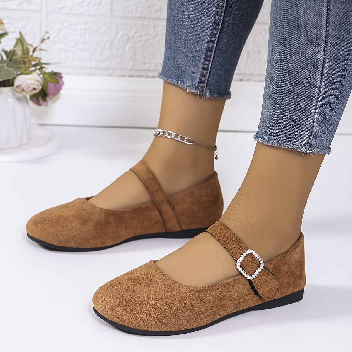 Ayollar Mary Jane tuflari, rhinestone tokchali, yashil, yengil fleece, qulay