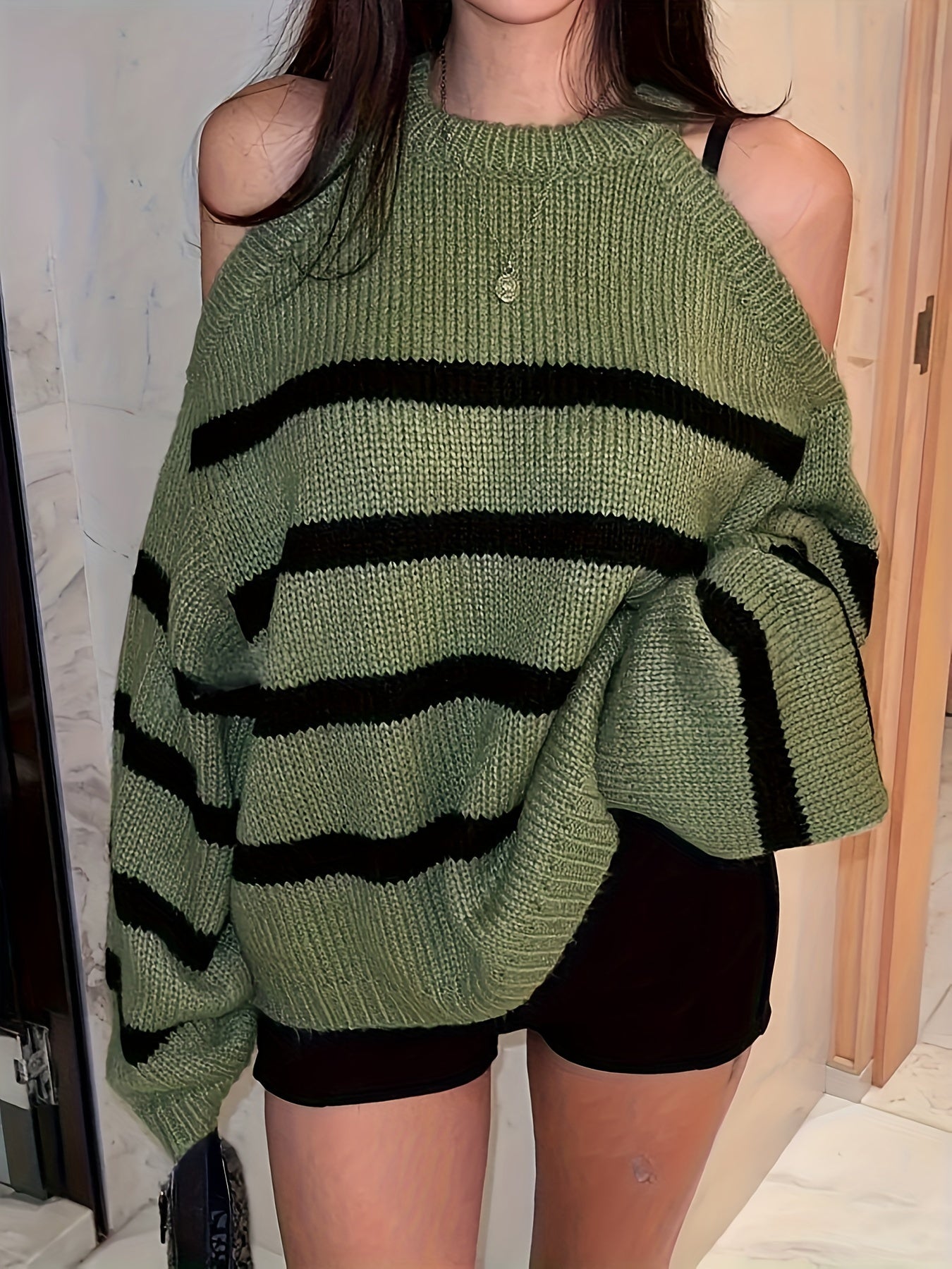 Women Green Knit Pullover Sweater Long Sleeve Casual Fall Winter