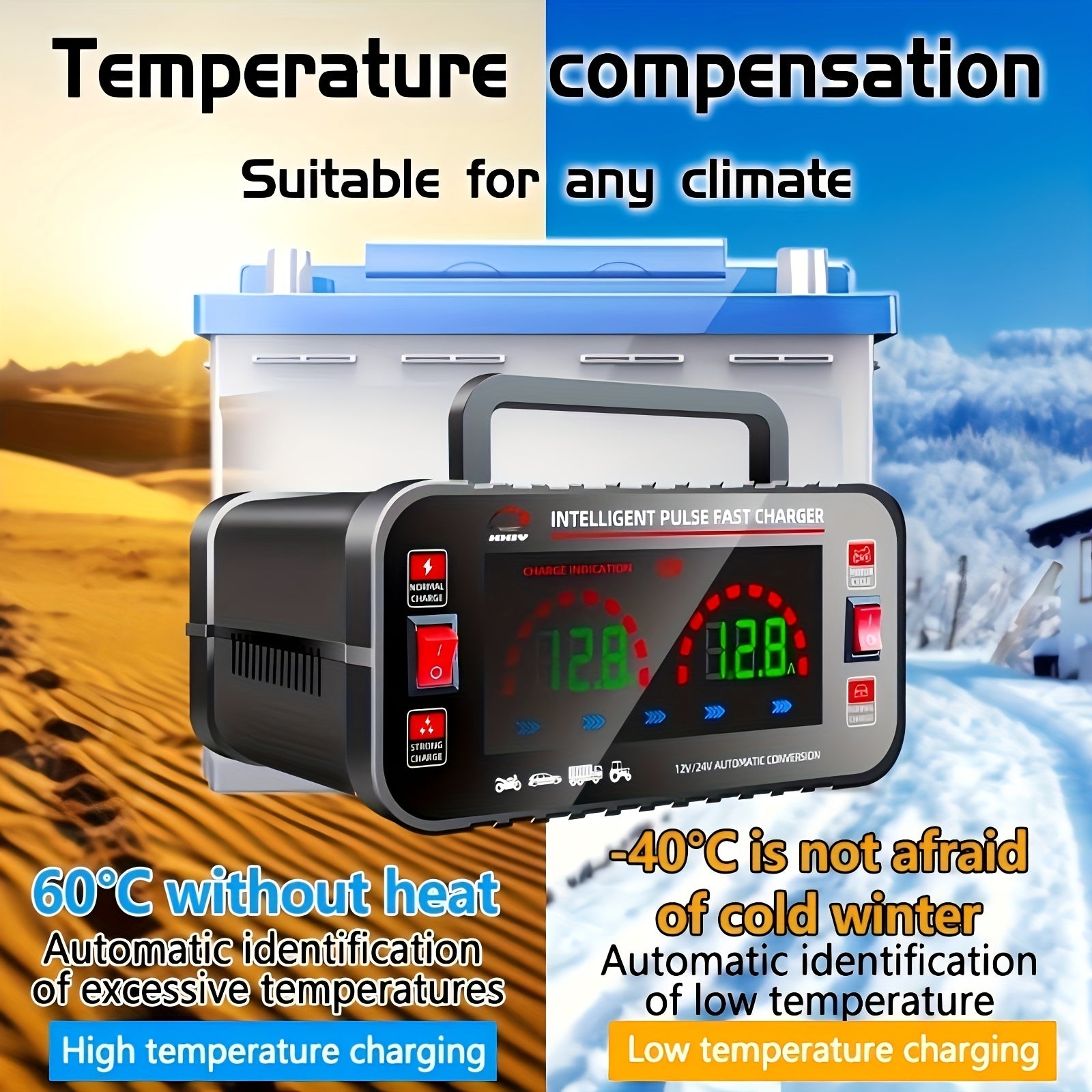 Smart Car Battery Charger with LCD Display 12V 24V Automatic Recognition Compatible with Cars Motorcycles Trucks