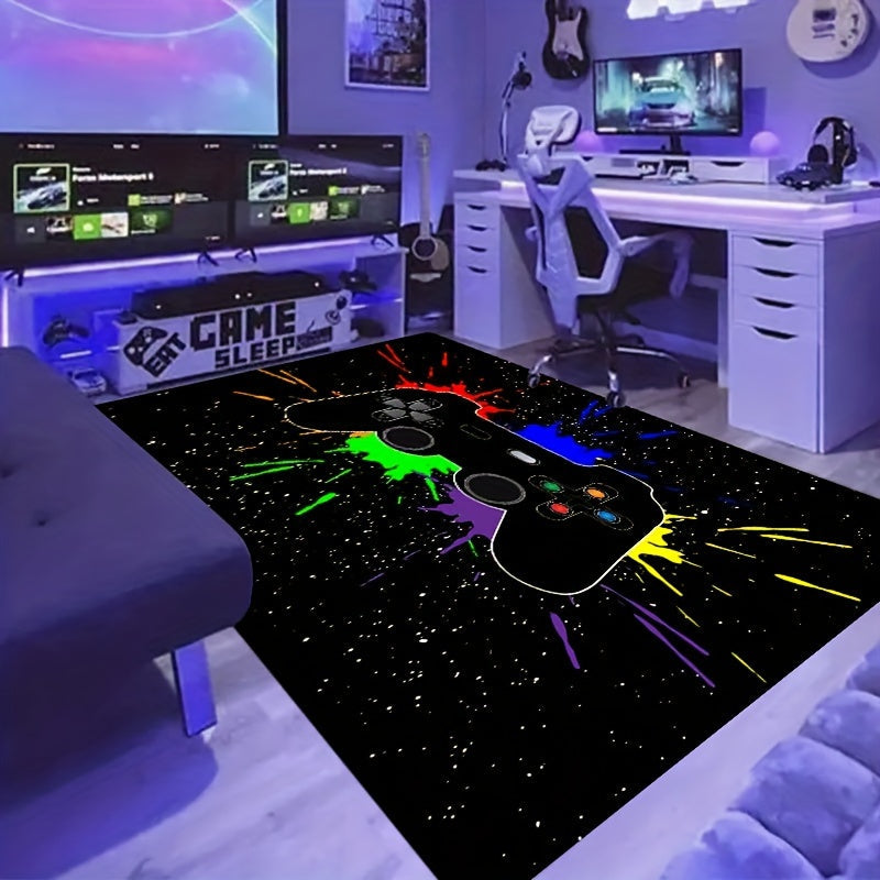 Gaming Area Rug with Gamepad Theme, Washable, Cyberpunk Style for Living Room
