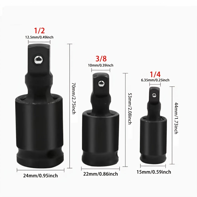 Juego de llaves de juntas universales de 3 piezas de acero con giro de 360° y extensión de impacto