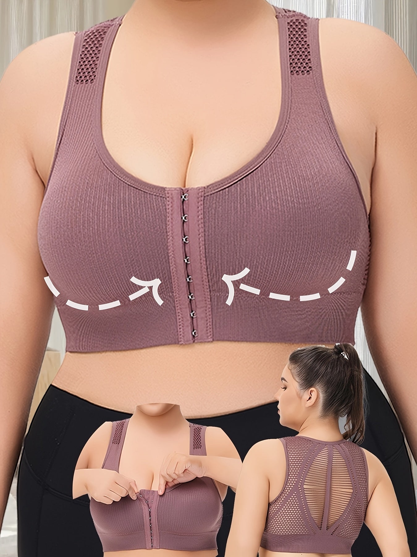 Seamless Sports Bra for Women Mesh Support Large Purple Zipper Closure