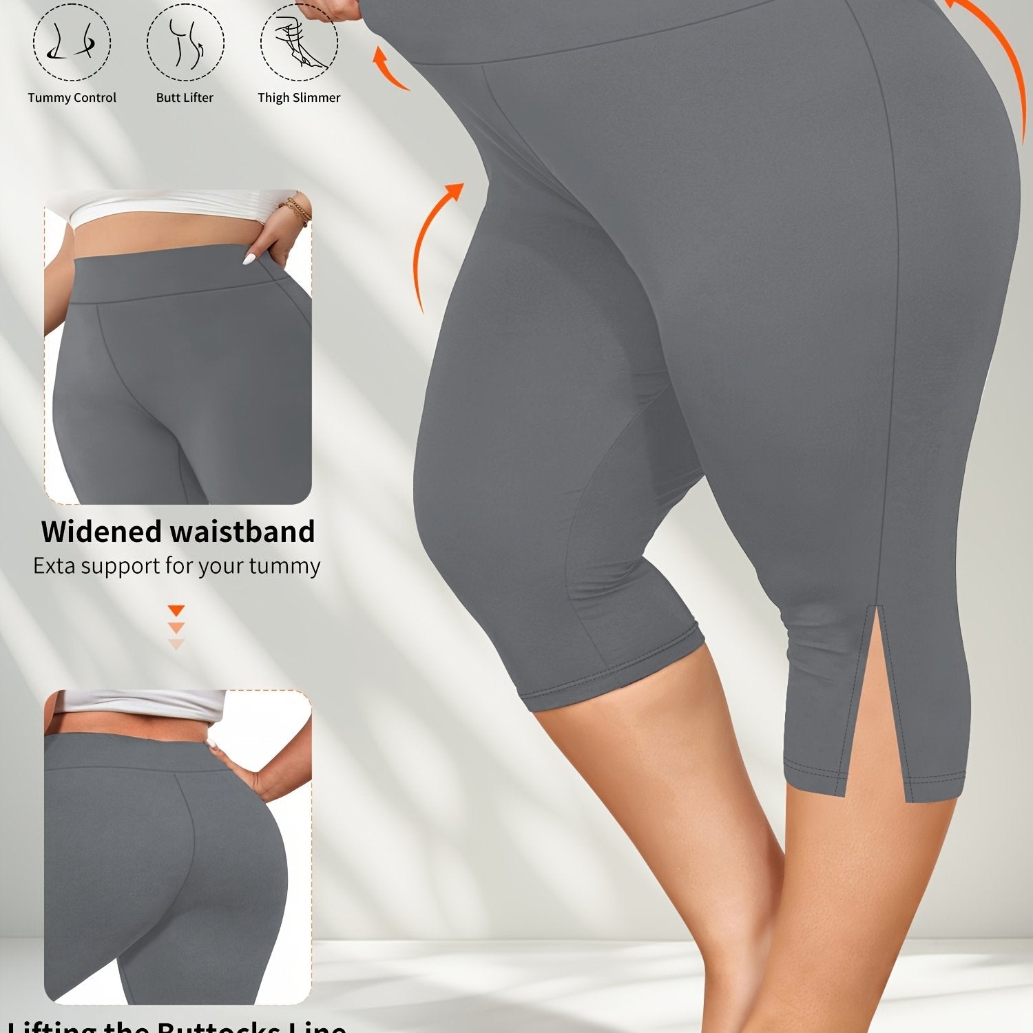 Plus Size High-Waist Knee Leggings with Side Slit Stretchy Polyester Blend