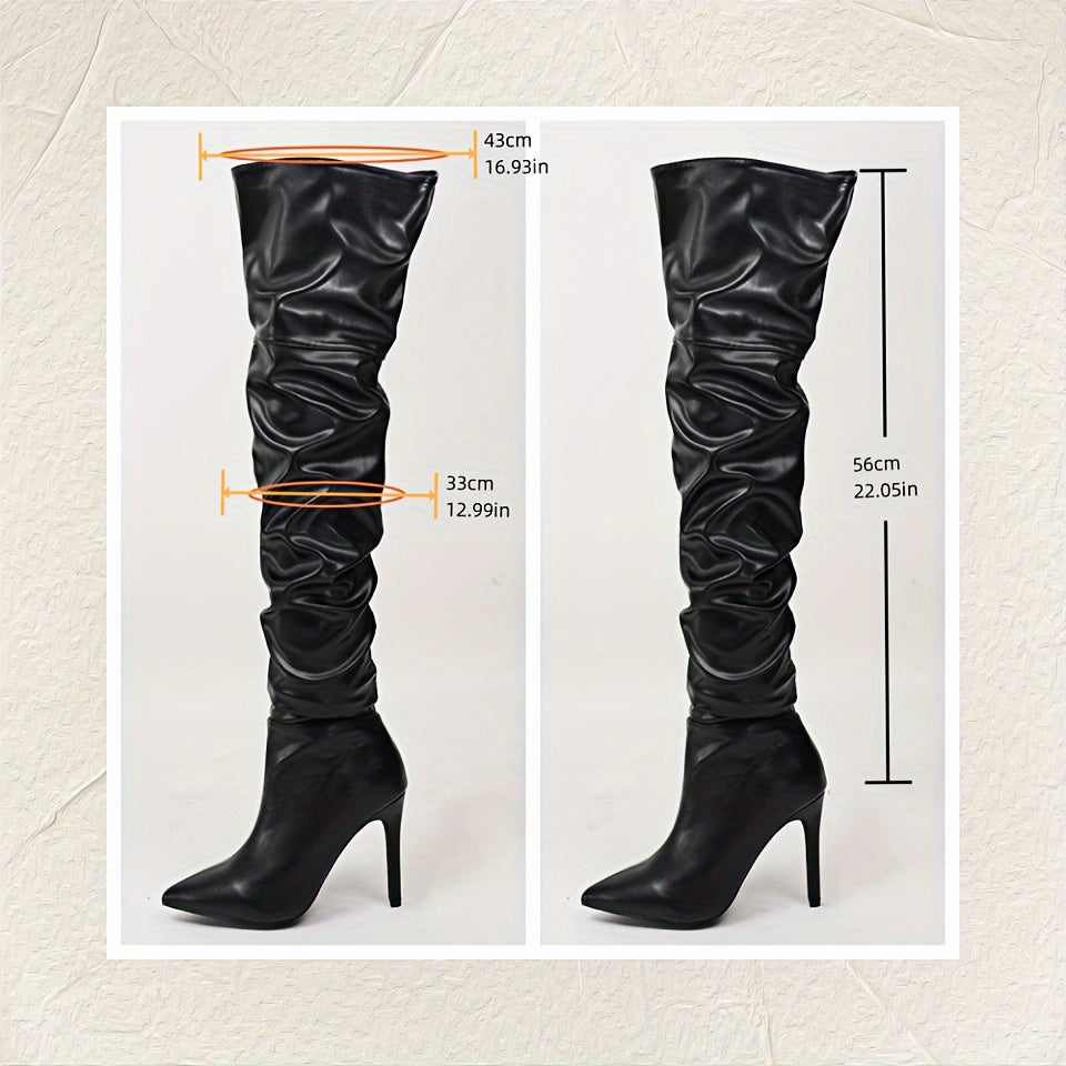 Women's Solid Color Point Toe Over The Knee Stiletto Boots with Side Zipper