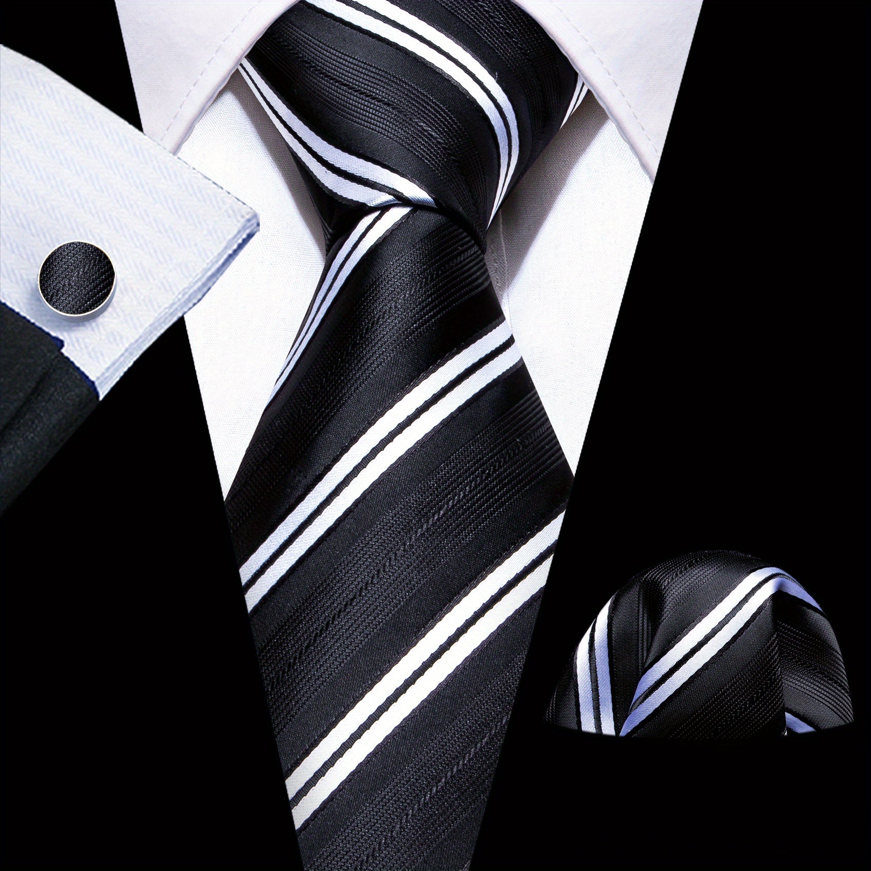 Men's Classic Striped Tie Set with Matching Handkerchief and Cufflinks for Formal and Casual Wear