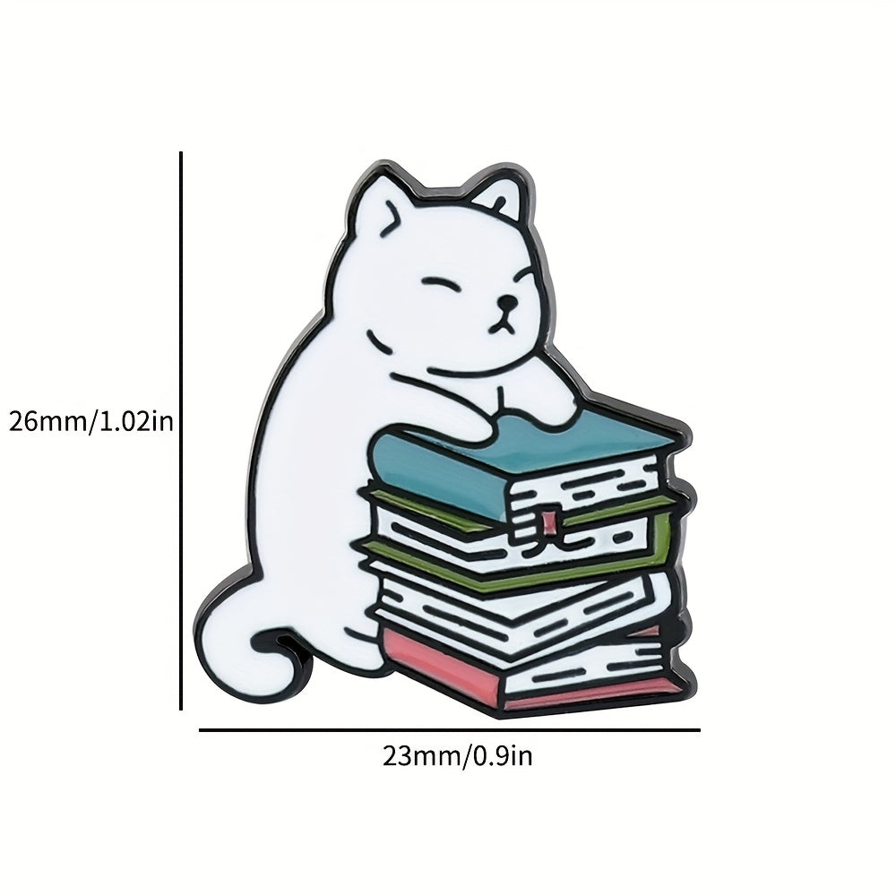 Cute Cartoon Cat Enamel Pins with Books Alloy Animal Brooches for Clothing Accessories
