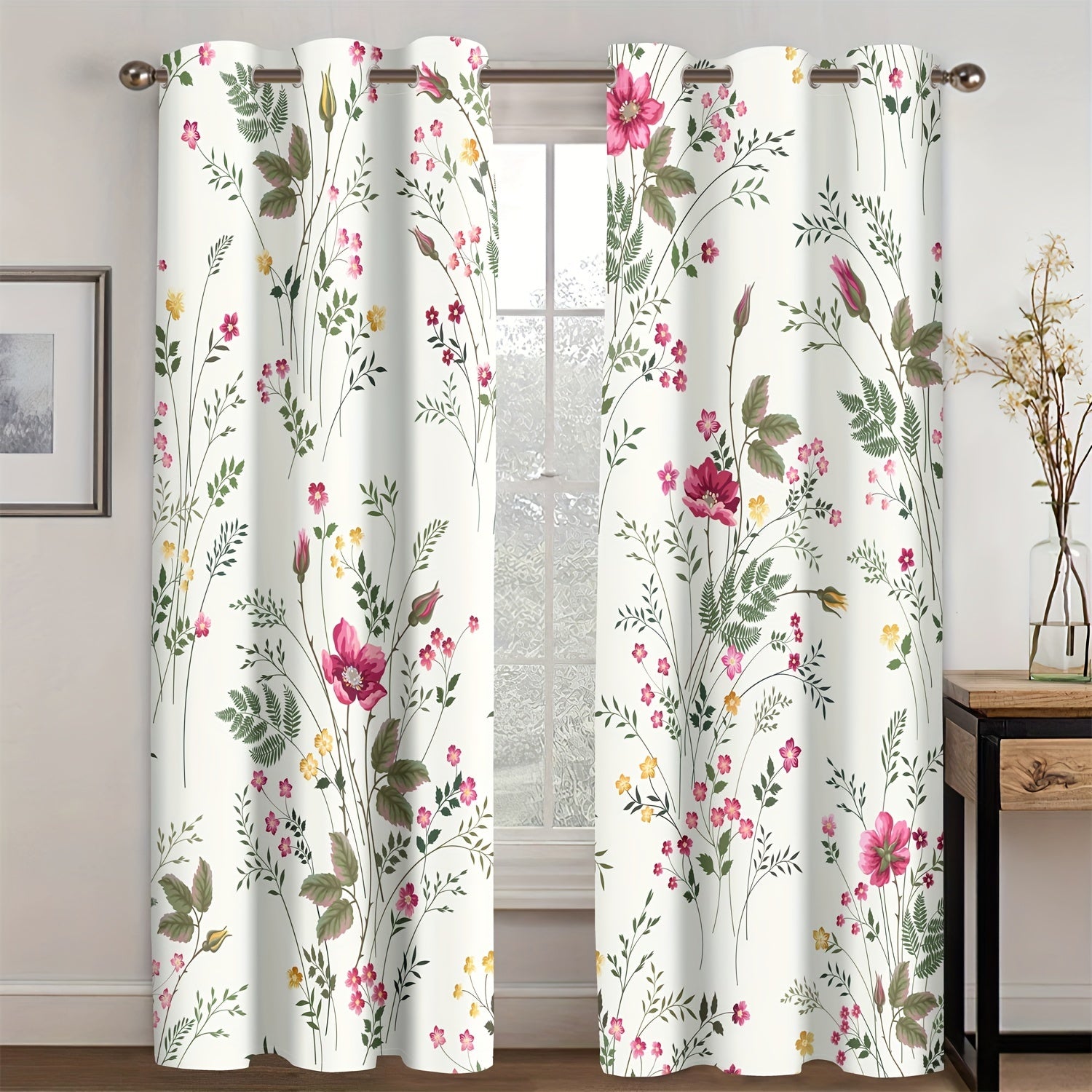Floral and Green Plant Digital Print Curtains 2-Piece Set Fade-Resistant Machine Washable