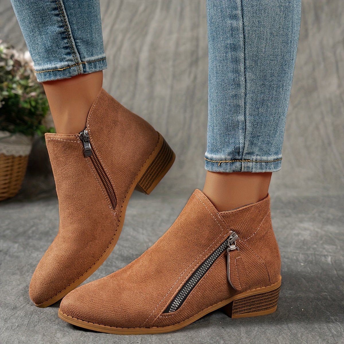 Women Velvet Ankle Boots Solid Color Chunky Heel Side Zipper Pointed Toe