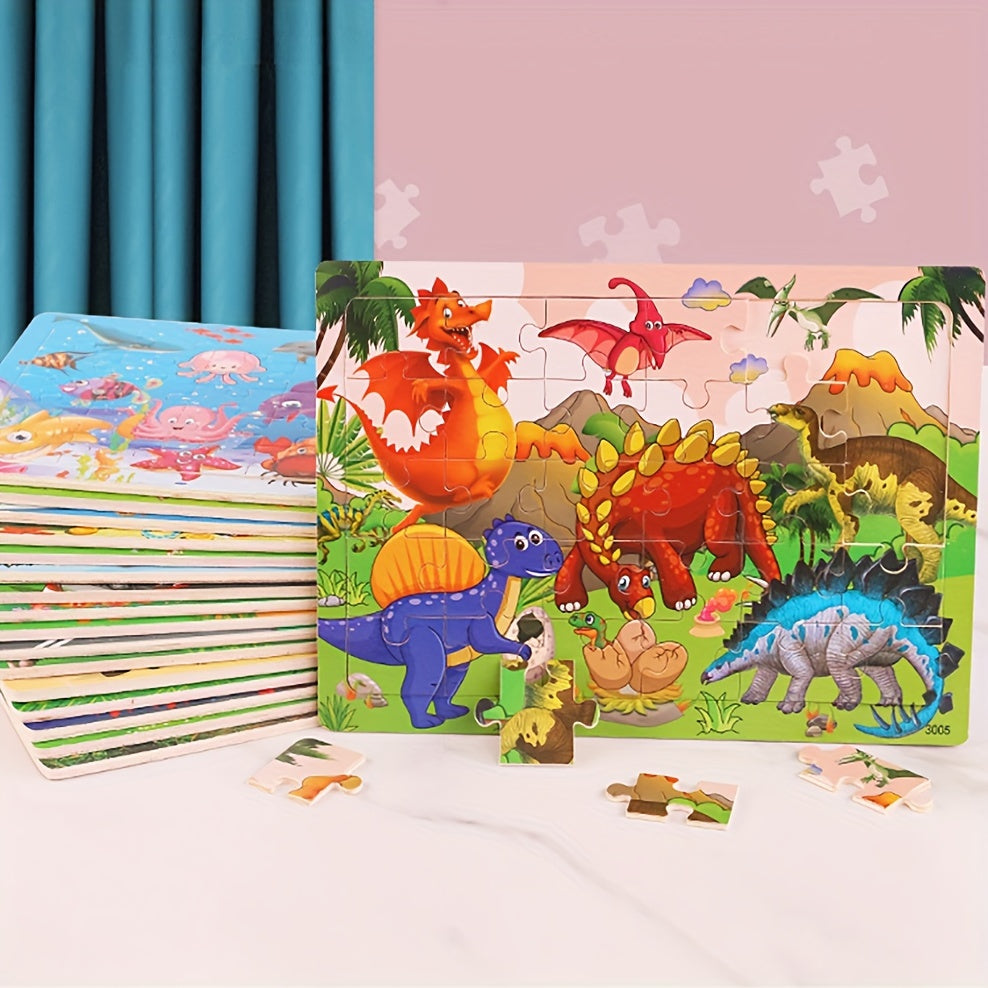 30-Piece Wooden Puzzle for Children Ages 3+ with Animal Dinosaur and Cartoon Designs