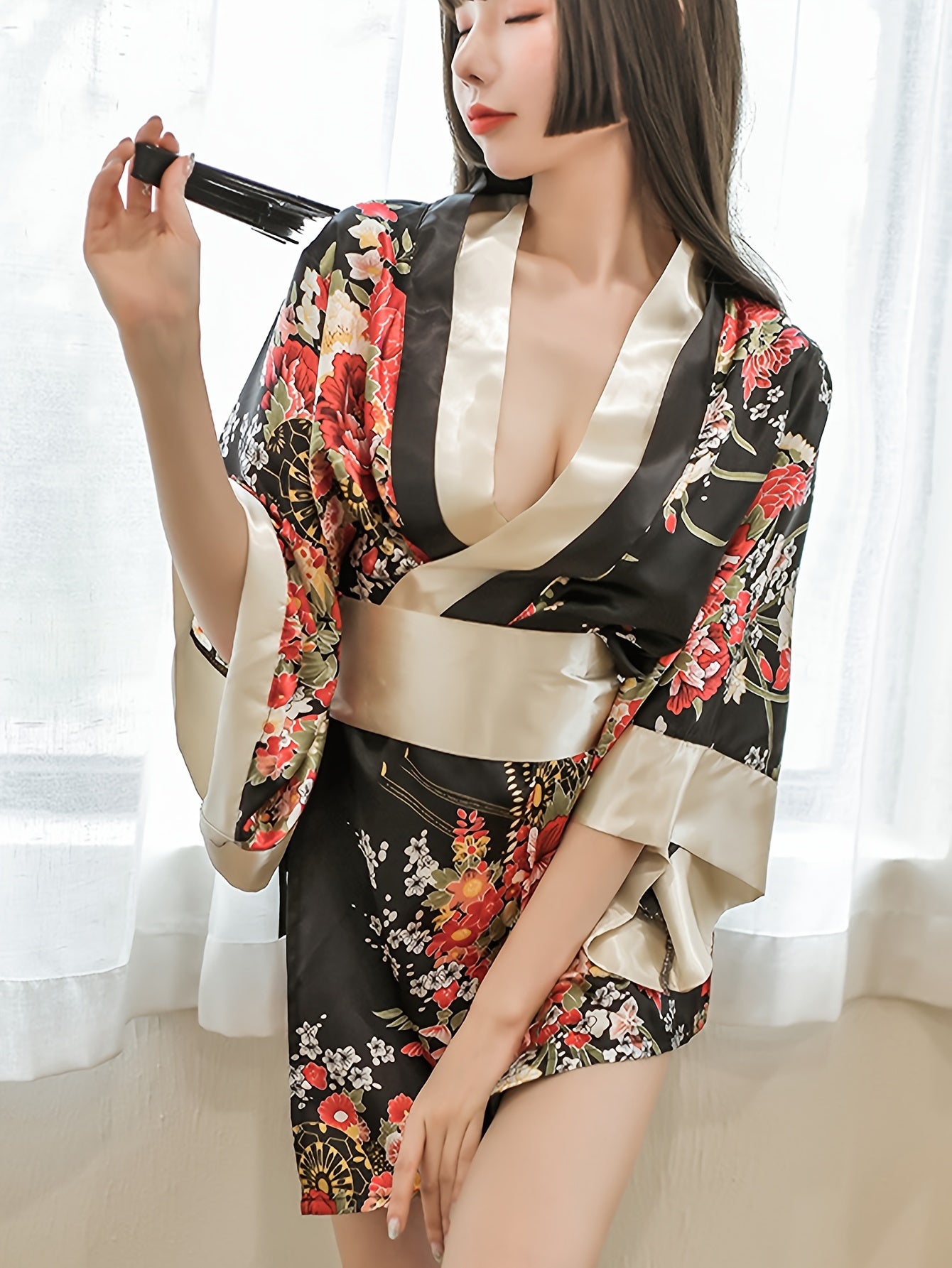 Women's Floral Print Kimono Lingerie Set with Bow Belt and Thong