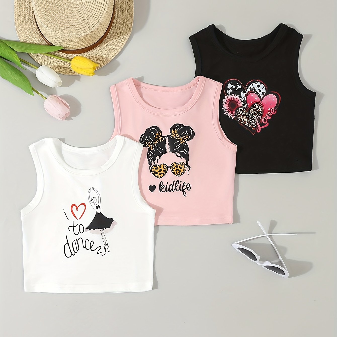 Girls' Summer Knit Vest 3-Pack Heart Pattern Casual Outfits for Ages 3+