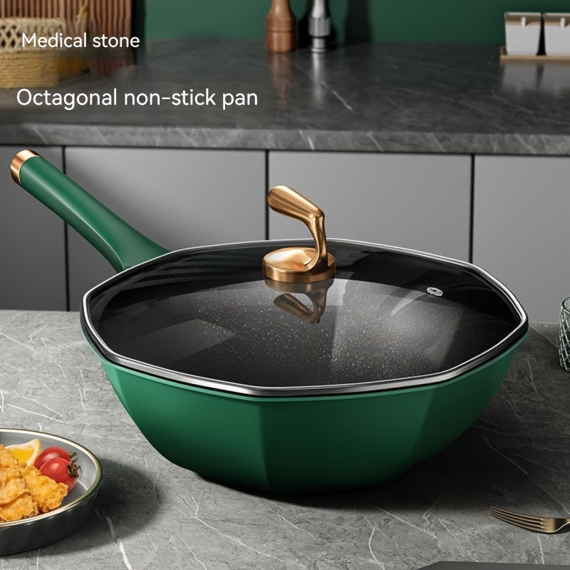 Wheat Straw Stone Coated Octagonal Non-Stick Pan 34cm Flat Bottom Suitable for Induction and Gas Stoves