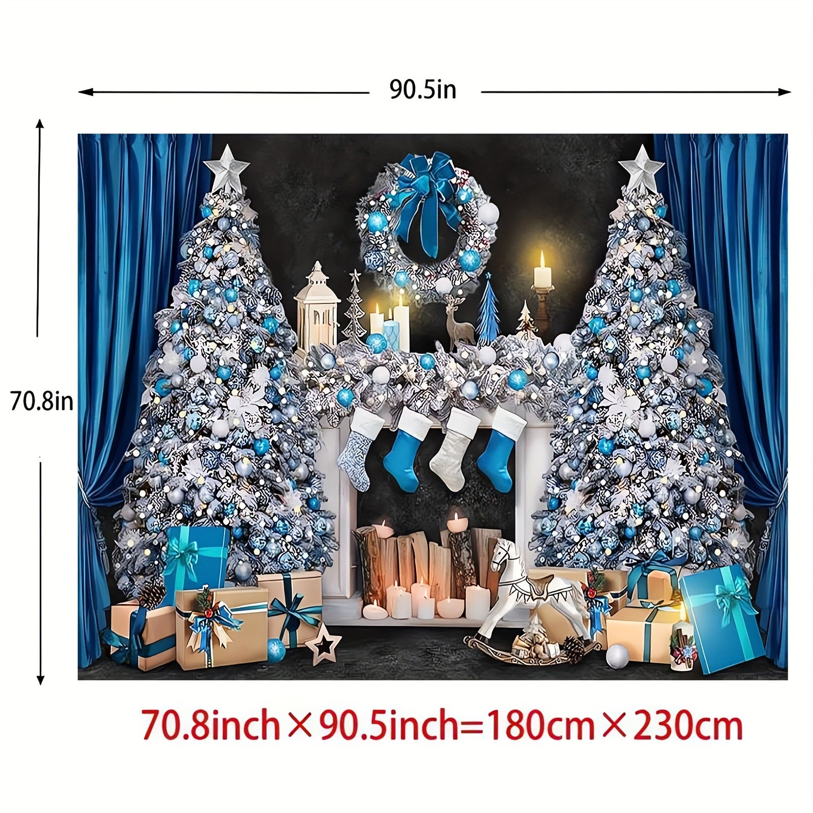 Blue and White Christmas Mantelpiece Scene with Presents and Tree for Holiday Decor