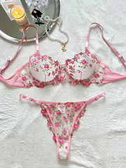 Women's Floral Embroidered Lingerie Set Mesh Unlined Bra and Sheer Thong