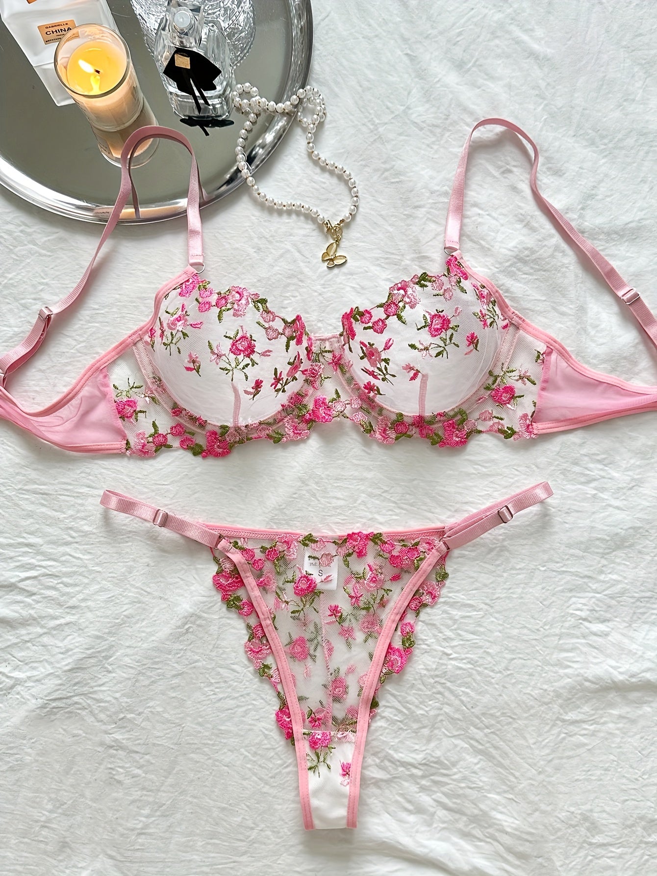 Women's Floral Embroidered Lingerie Set Mesh Unlined Bra and Sheer Thong