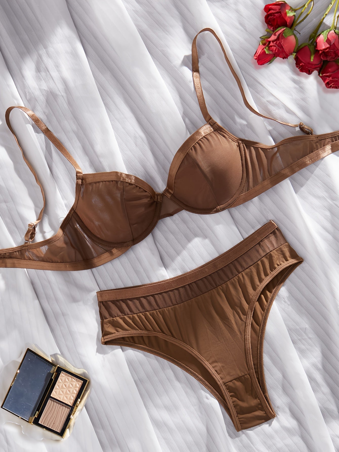 Women's Coffee-Colored Mesh Lingerie Set Sheer Bra and Panties Breathable Polyester