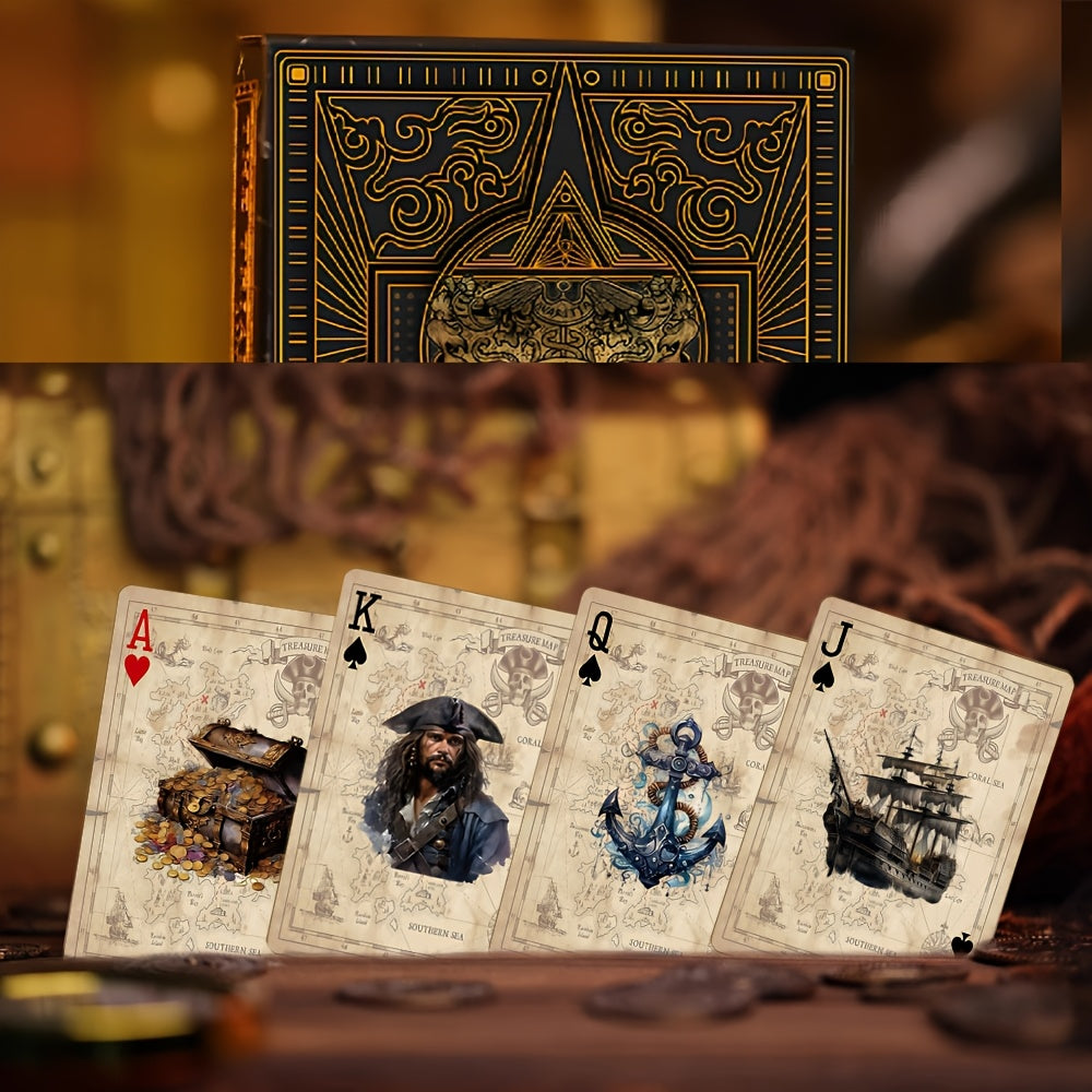 STRUBLFE Vintage qaroqchilik mavzusidagi poker kartalari, sirpanishga qarshi embossing, geometrik dizayn va oltin aksentlar bilan. Oila yig'ilishlari va partiya o'yinlari uchun mukammal. Zamonaviy ko'rinish uchun hashamatli karta tuzilishi.