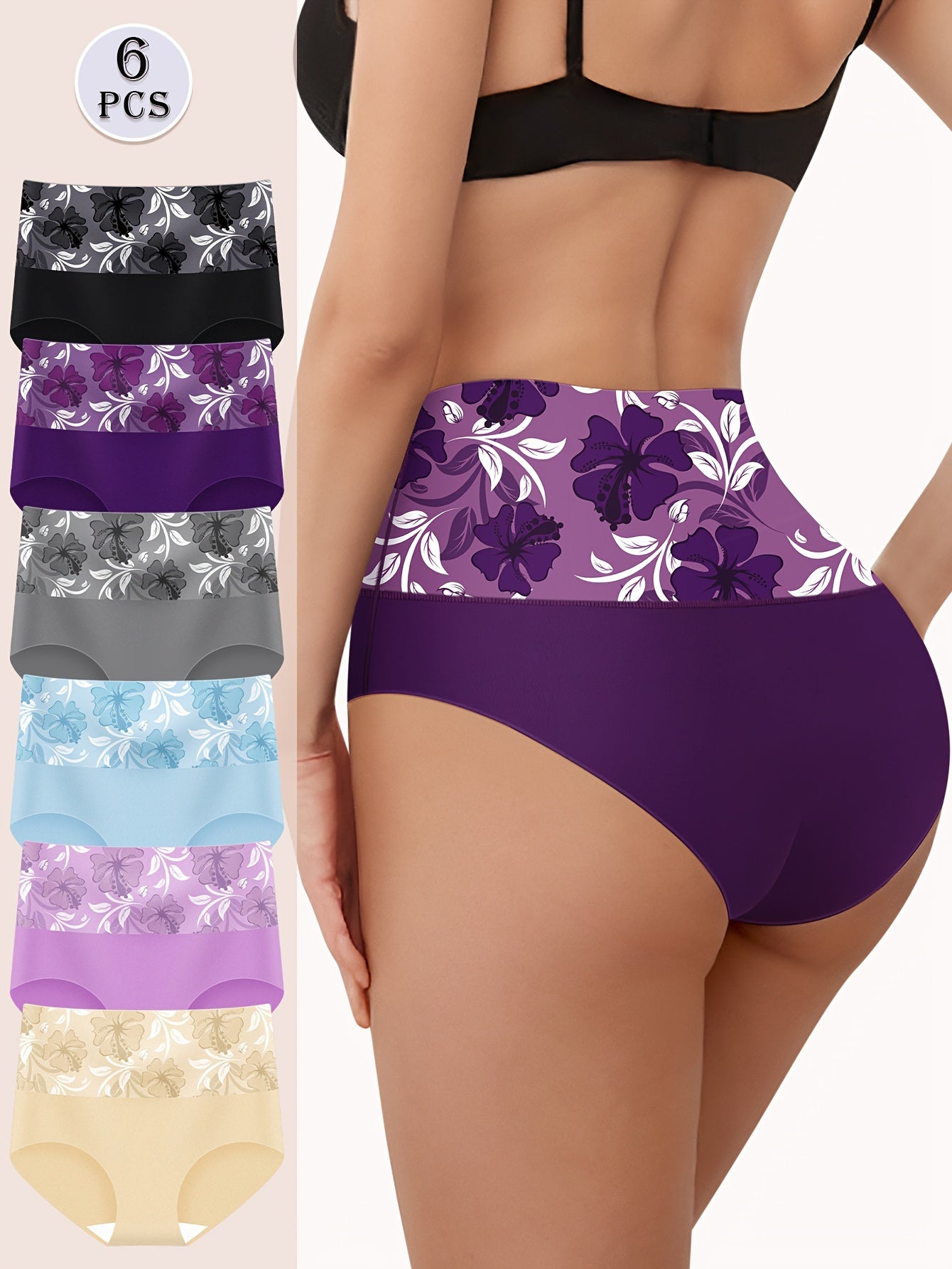 Set de 6 bragas sin costuras de cintura alta con estampado floral para mujer, ropa interior transpirable y elástica