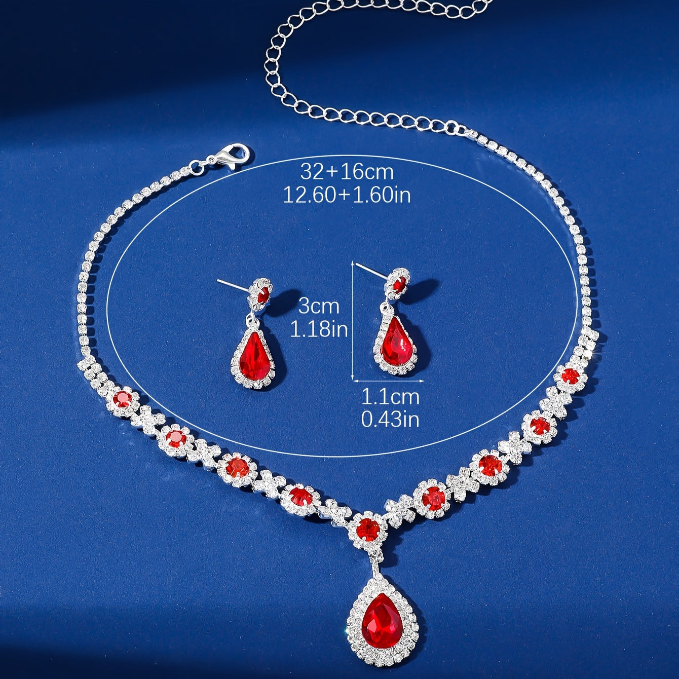 Silver Plated Jewelry Set for Women Red Rhinestone Flower Teardrop Pendant for Parties
