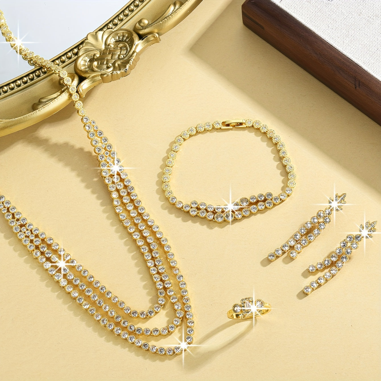 Набор роскошных ювелирных украшений из 5 предметов - с позолотой из меди 18K и синтетическими циркониевыми камнями, этот элегантный набор включает ожерелье, браслет, серьги и кольцо, идеально подходит для свадеб и подарков круглый год.