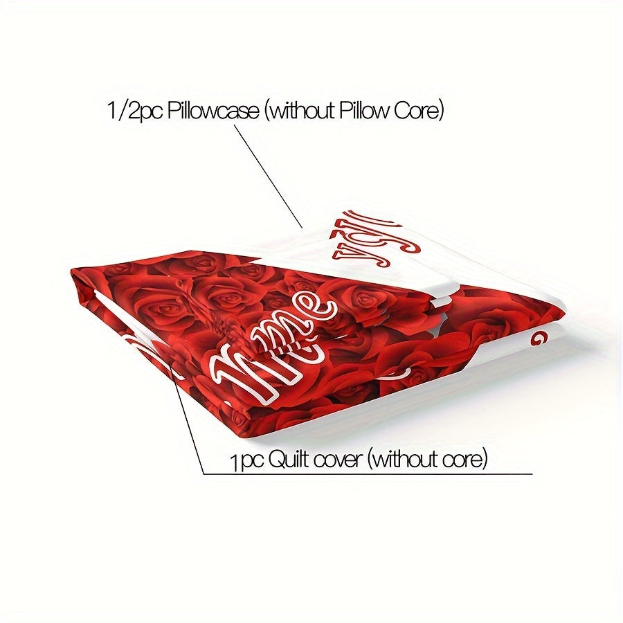 Red Rose Duvet Cover Set with 2 Pillowcases All-Season Polyester Zipper Closure