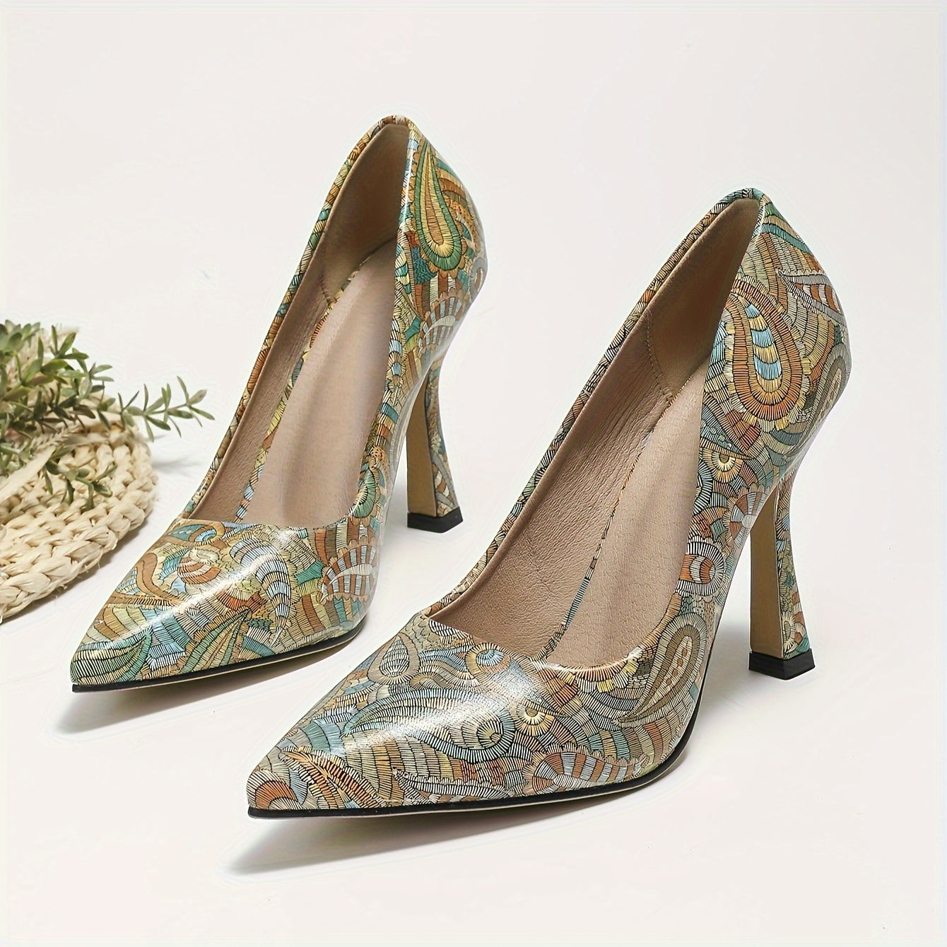 Women's Ethnic Style Printed High Heels Pointed Toe Pumps for Parties and Office