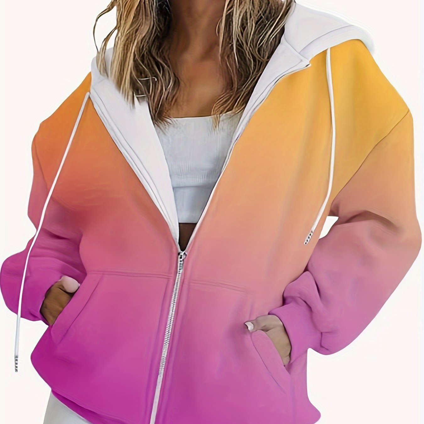 Women's Plus Size Gradient Ombre Hoodie with Zip Long Sleeve Knit