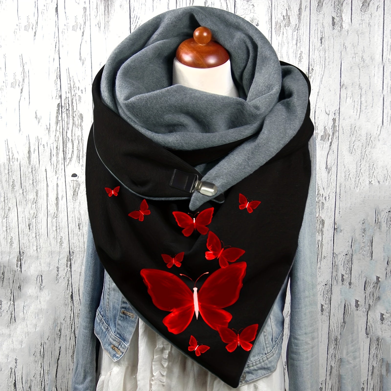 Цветной шарф-треугольник с принтом бабочки и флисовой подкладкой, уютный зимний аксессуар для женщин