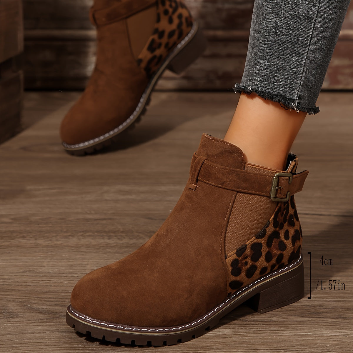Women's Leopard Print Ankle Boots with Buckle Strap Casual Slip-On All-Season