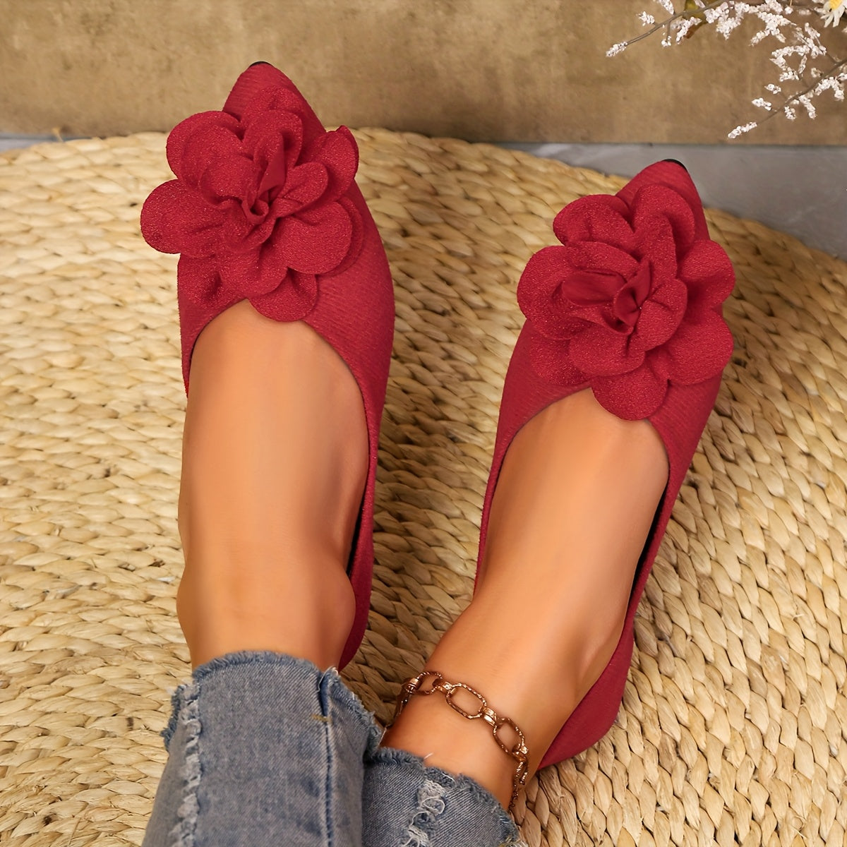 Women's Red Floral Pointed Toe Flat Shoes Spring Casual Comfort