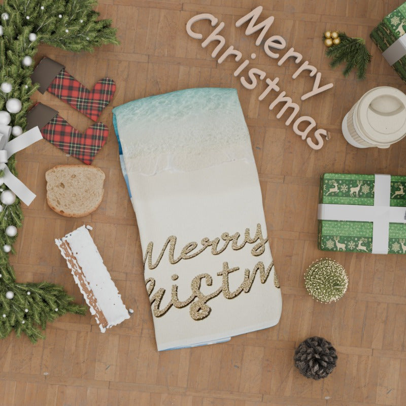 Bir parcha yumshoq qishki Rojdestvo bezaklari 18 x 66.04 sm o'lchovda, "Merry Christmas" iborasi va OWUHP dizayni bilan.