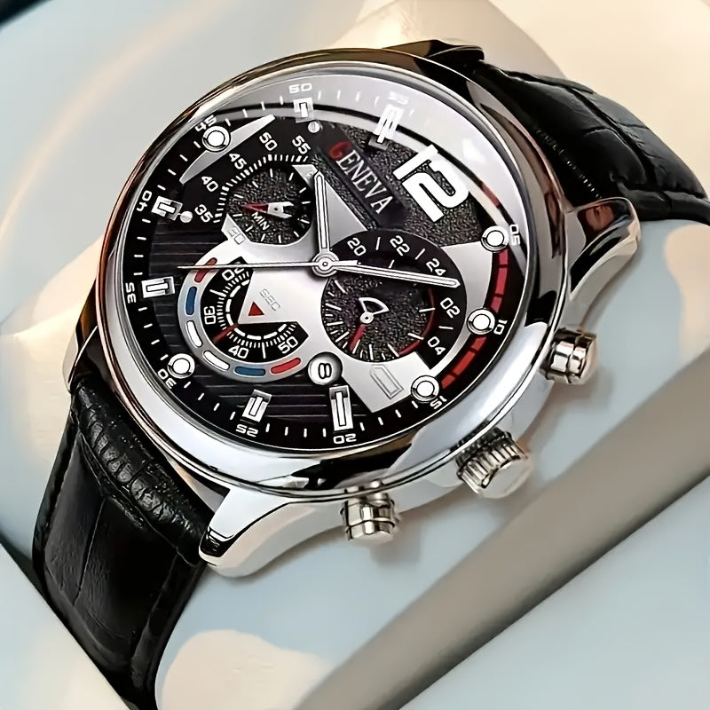 Men's Quartz Business Watch Set Alloy Case Faux Leather Strap Non-Rechargeable Battery