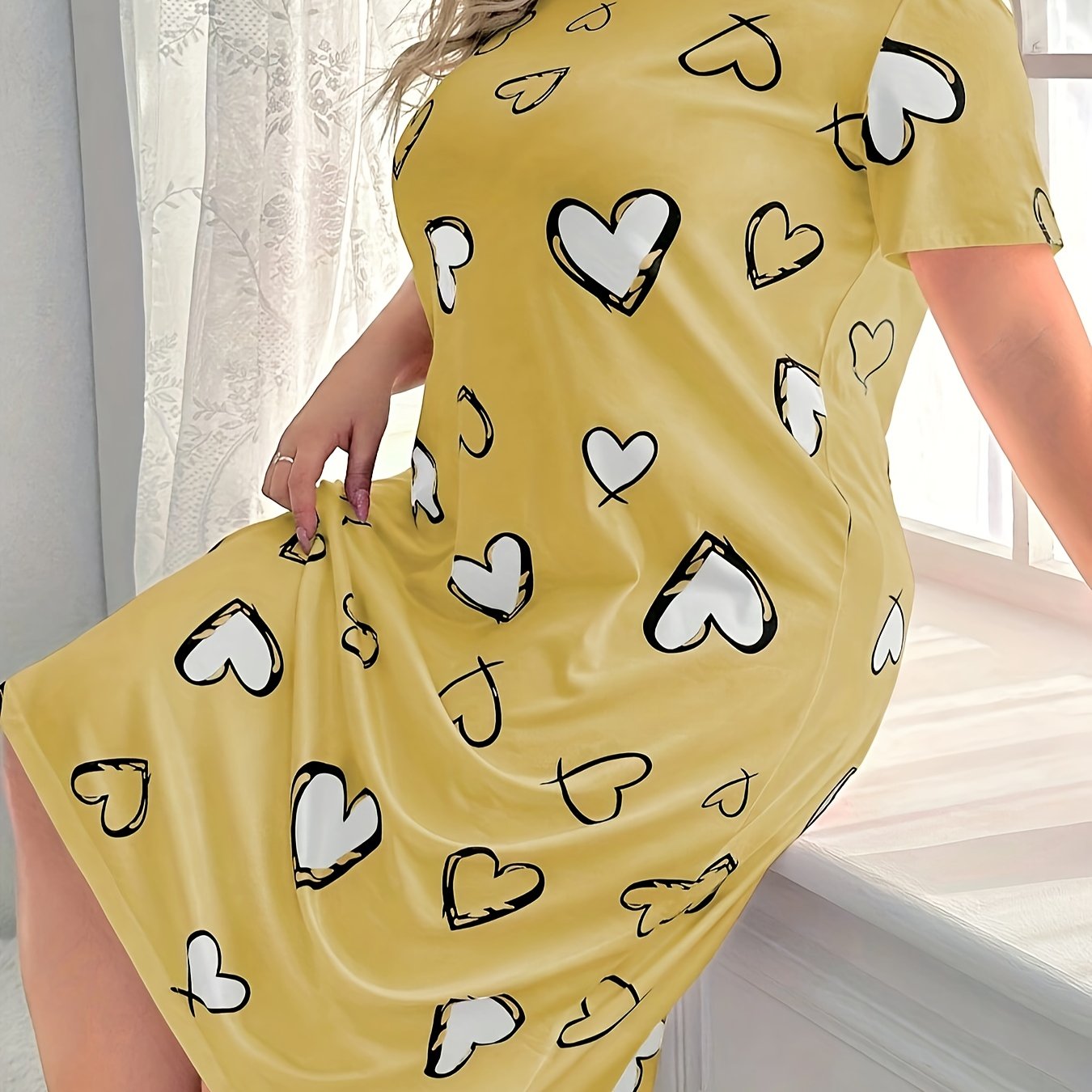 Plus Size Women's Sleep Dress Short Sleeve Heart Print Lounge Wear Pink Red