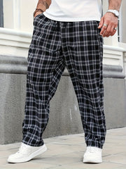 Men's Black and White Plaid Casual Pants Polyester Non-Stretch Drawstring Plus Size