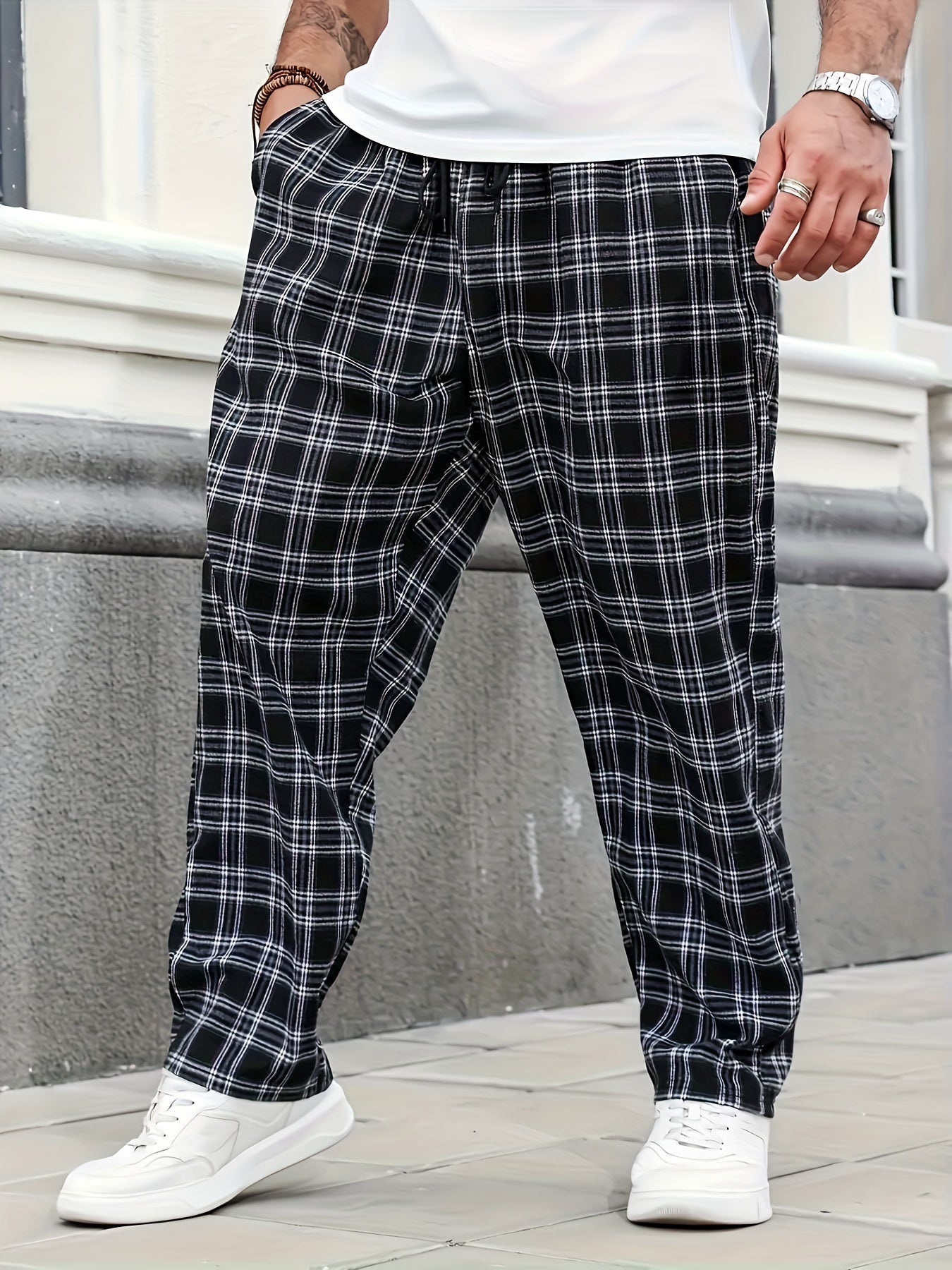 Men's Black and White Plaid Casual Pants Polyester Non-Stretch Drawstring Plus Size