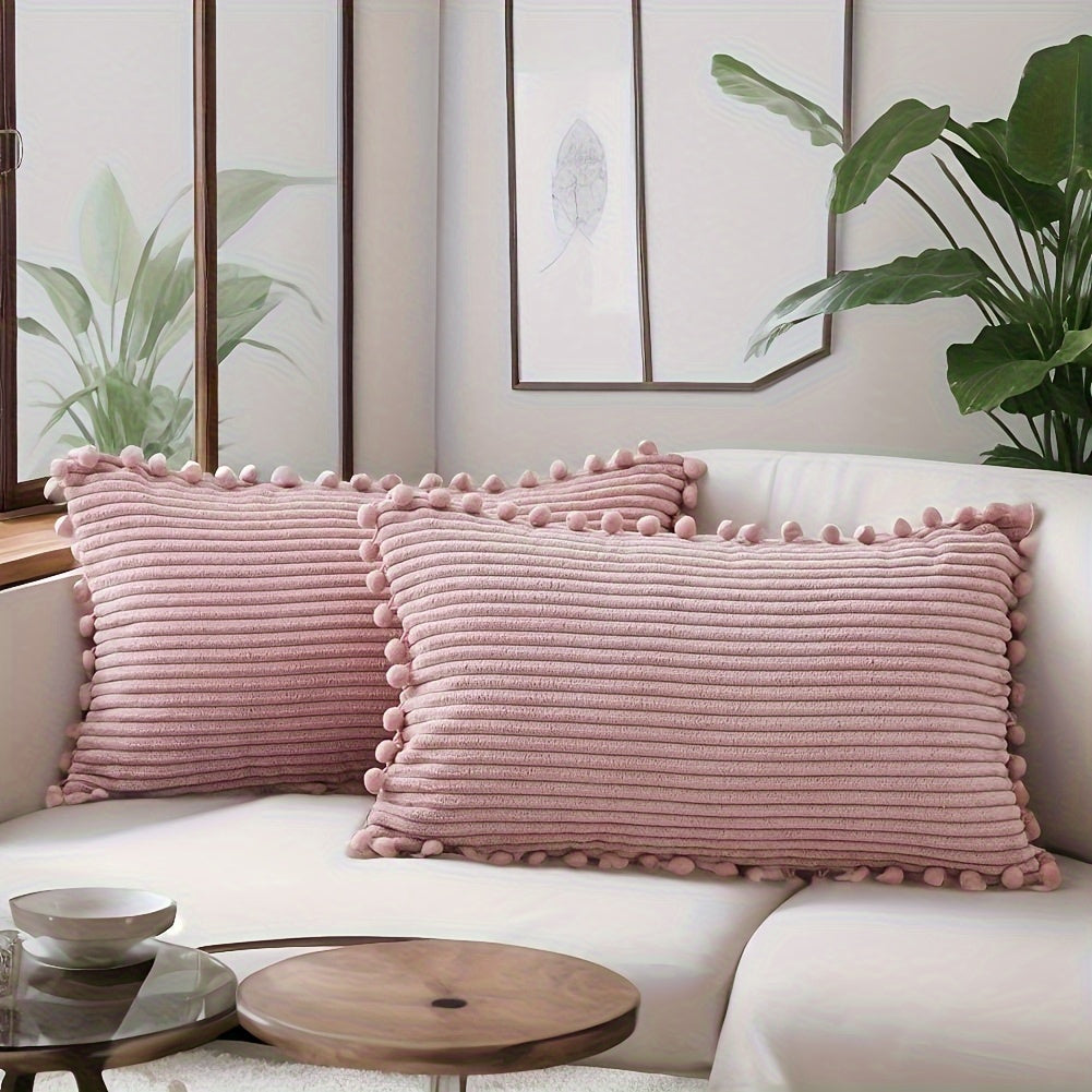 2 чехла для подушек из вельвета с меховыми шариками, идеально подходят для декора гостиной или спальни (подушки не включены).