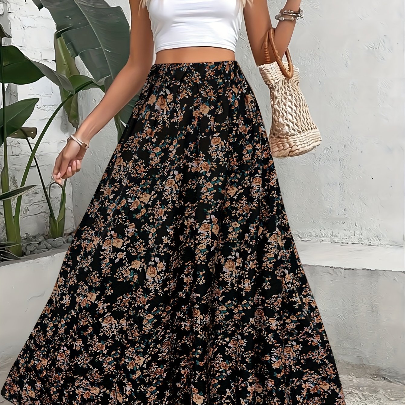 Bohemian Style Long Skirt with Small Floral Print Elastic Waist for Women